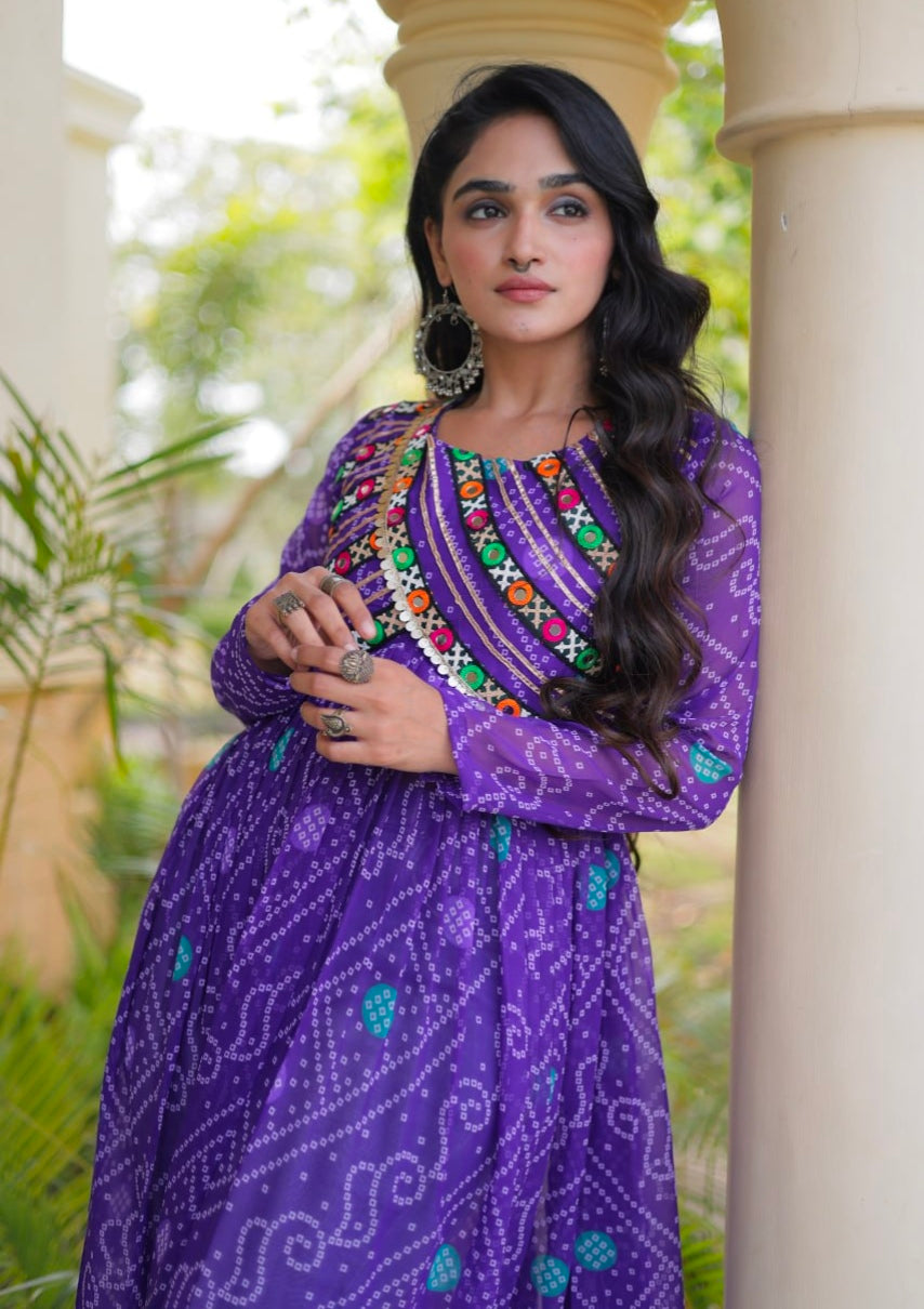 Blue Pure Faux Georgette Bandhani Print With Kutchi Patchework Navratri Kurti