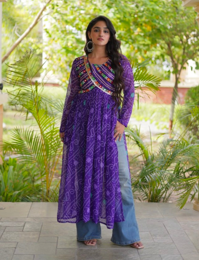 Blue Pure Faux Georgette Bandhani Print With Kutchi Patchework Navratri Kurti
