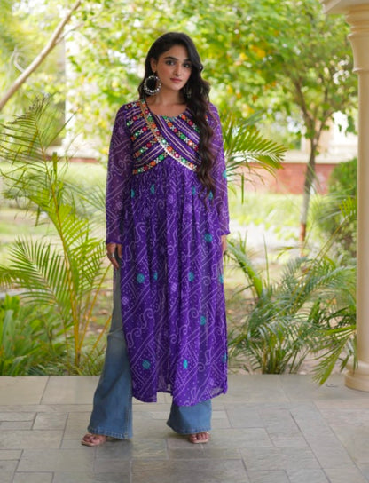 Blue Pure Faux Georgette Bandhani Print With Kutchi Patchework Navratri Kurti