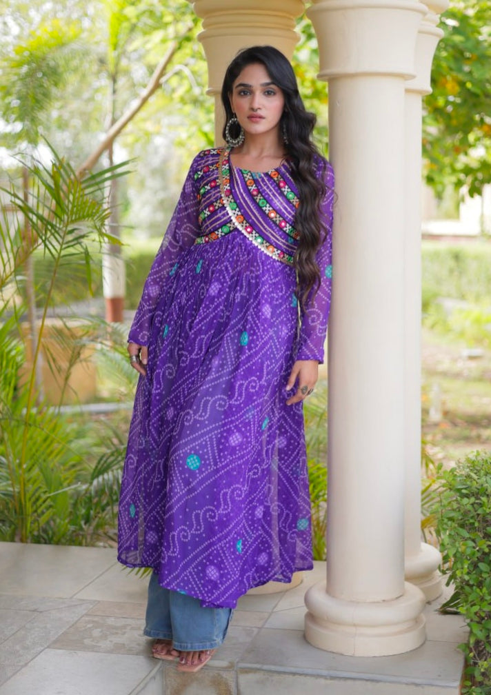 Blue Pure Faux Georgette Bandhani Print With Kutchi Patchework Navratri Kurti