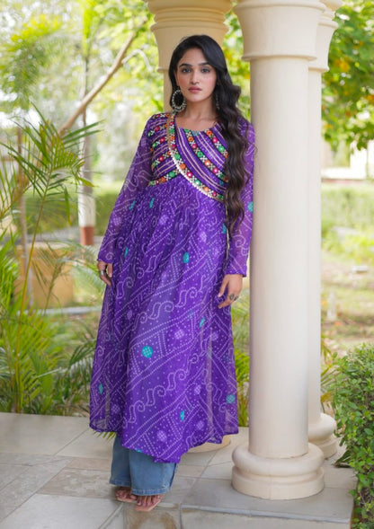 Blue Pure Faux Georgette Bandhani Print With Kutchi Patchework Navratri Kurti