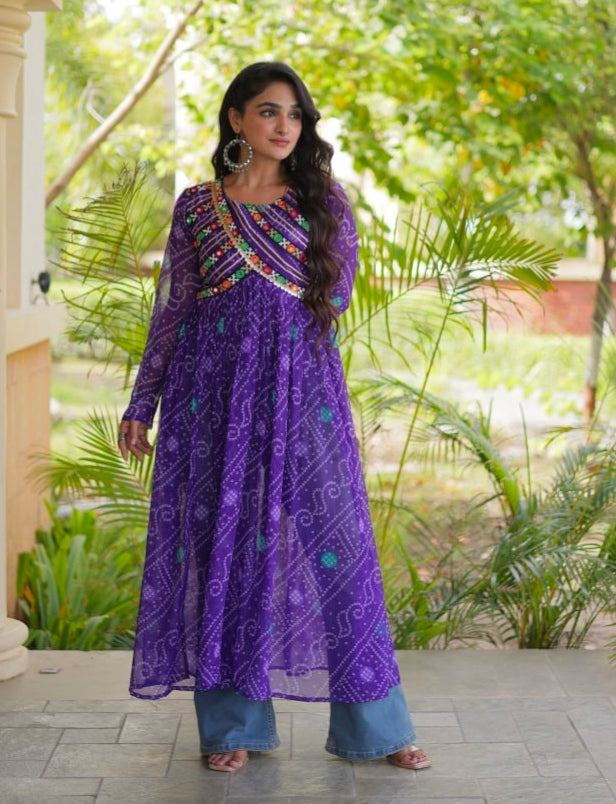 Blue Pure Faux Georgette Bandhani Print With Kutchi Patchework Navratri Kurti