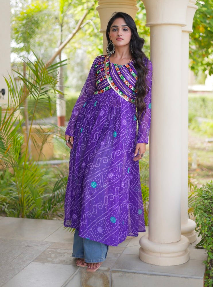 Blue Pure Faux Georgette Bandhani Print With Kutchi Patchework Navratri Kurti
