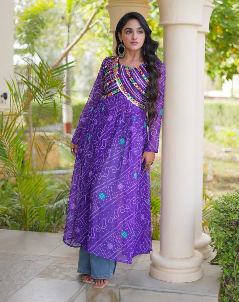 Blue Pure Faux Georgette Bandhani Print With Kutchi Patchework Navratri Kurti