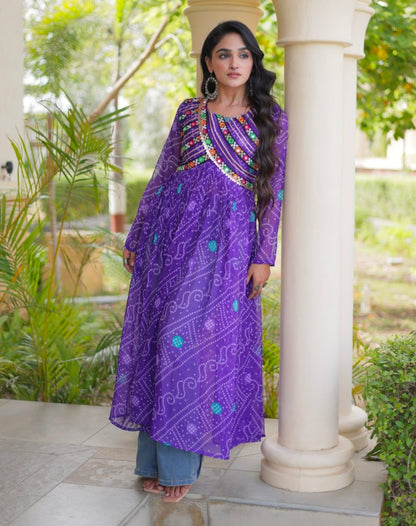 Blue Pure Faux Georgette Bandhani Print With Kutchi Patchework Navratri Kurti