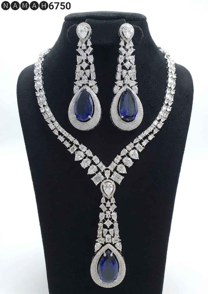Blue American Diamond Necklace Jewellery Set