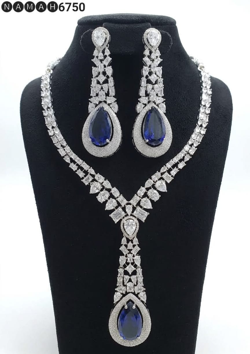 Blue American Diamond Necklace Jewellery Set