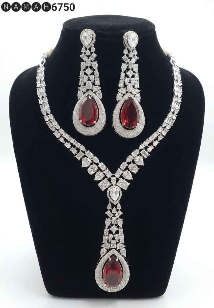 Red American Diamond Necklace Jewellery Set