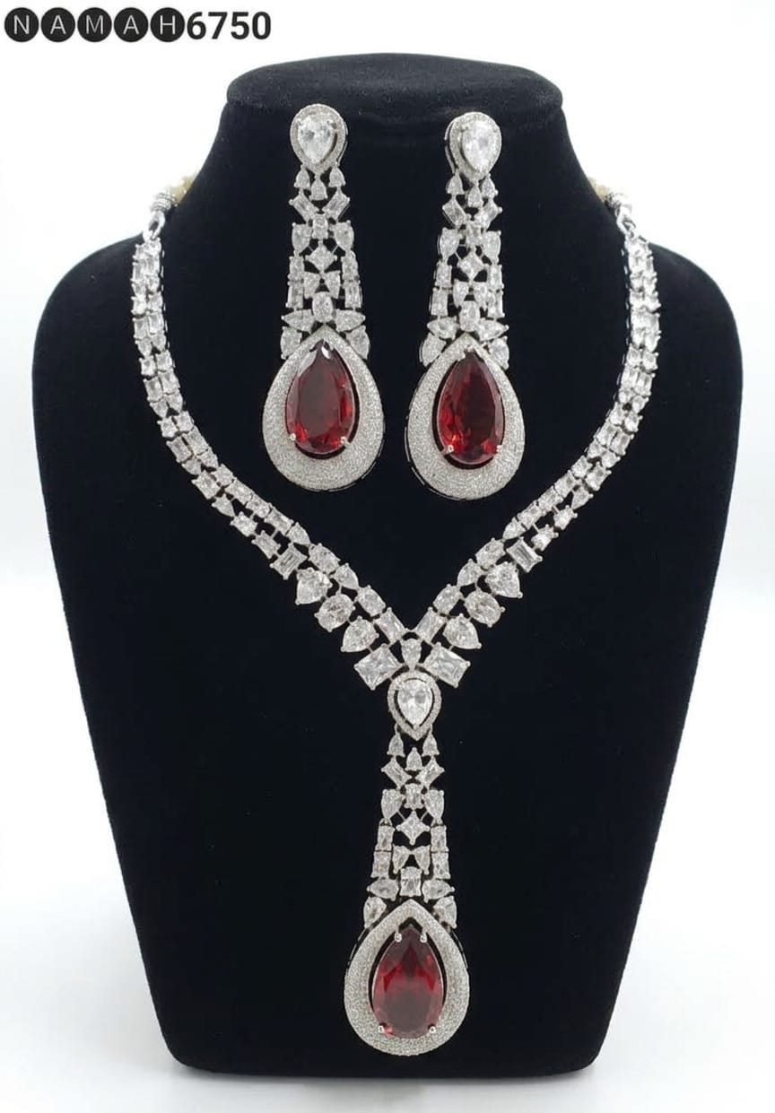 Red American Diamond Necklace Jewellery Set