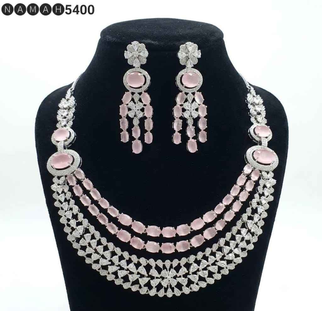 Pink American Diamond Necklace Jewellery Set