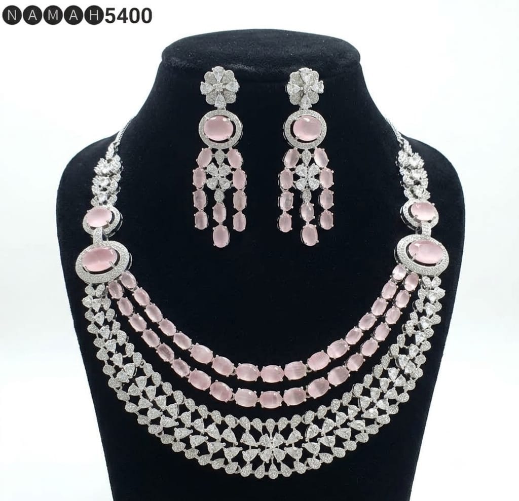 Pink American Diamond Necklace Jewellery Set