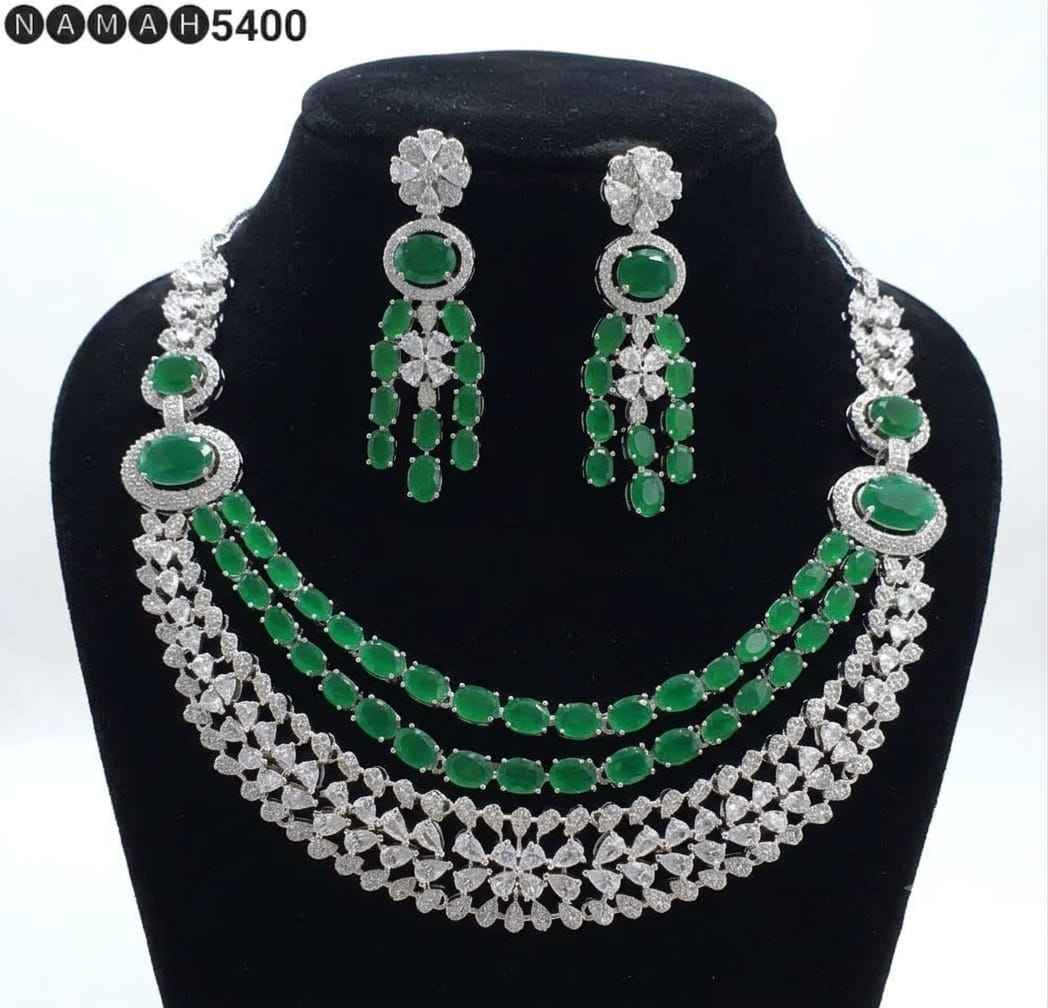 Green American Diamond Necklace Jewellery Set
