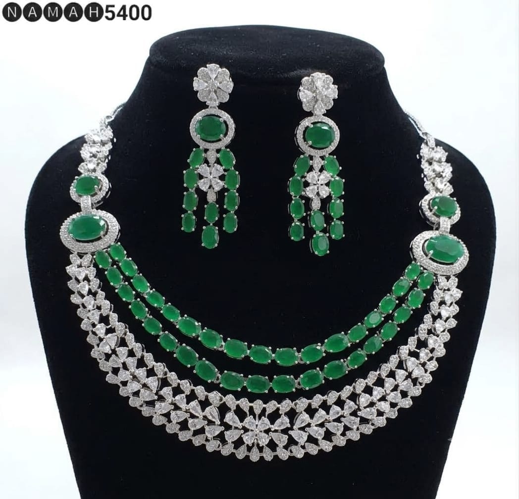 Green American Diamond Necklace Jewellery Set