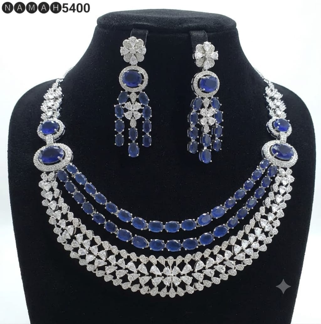 Blue American Diamond Necklace Jewellery Set