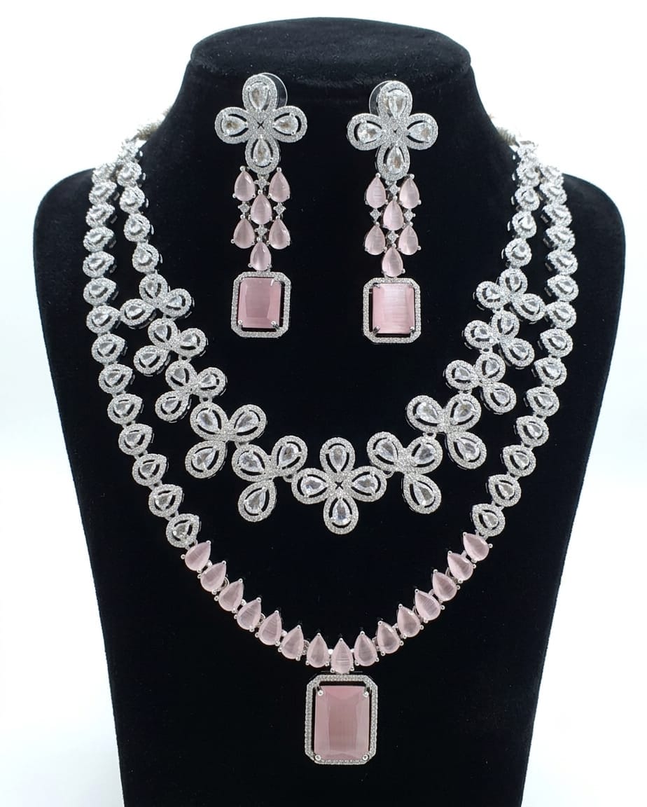 Pink American Diamond Necklace Jewellery Set