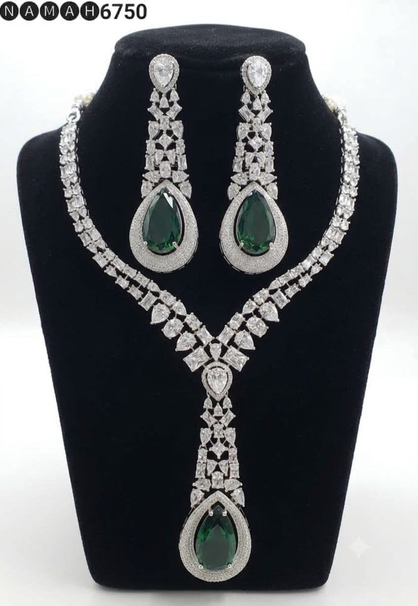 Green American Diamond Necklace Jewellery Set