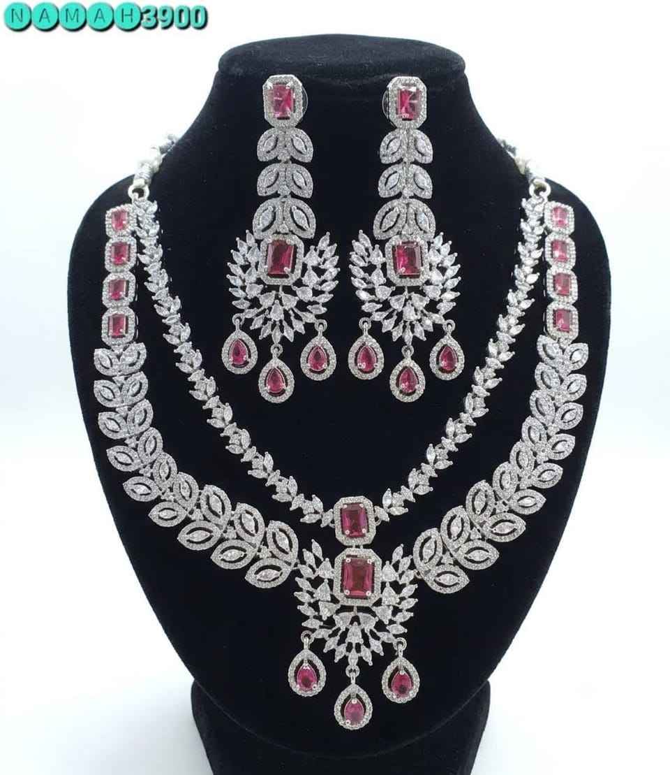 Red American Diamond Necklace Jewellery Set