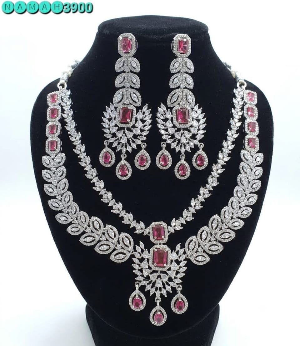 Red American Diamond Necklace Jewellery Set