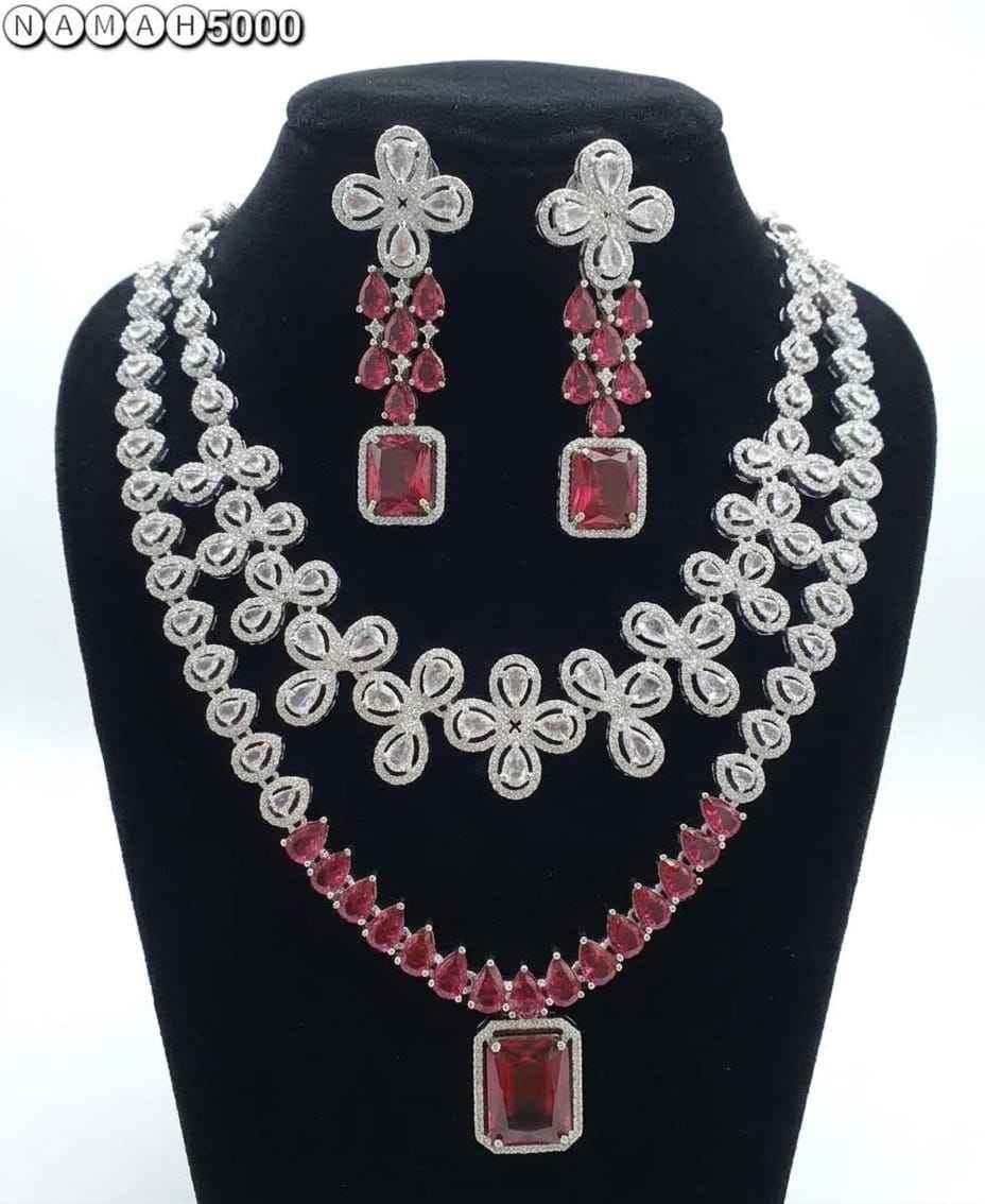 Red American Diamond Necklace Jewellery Set