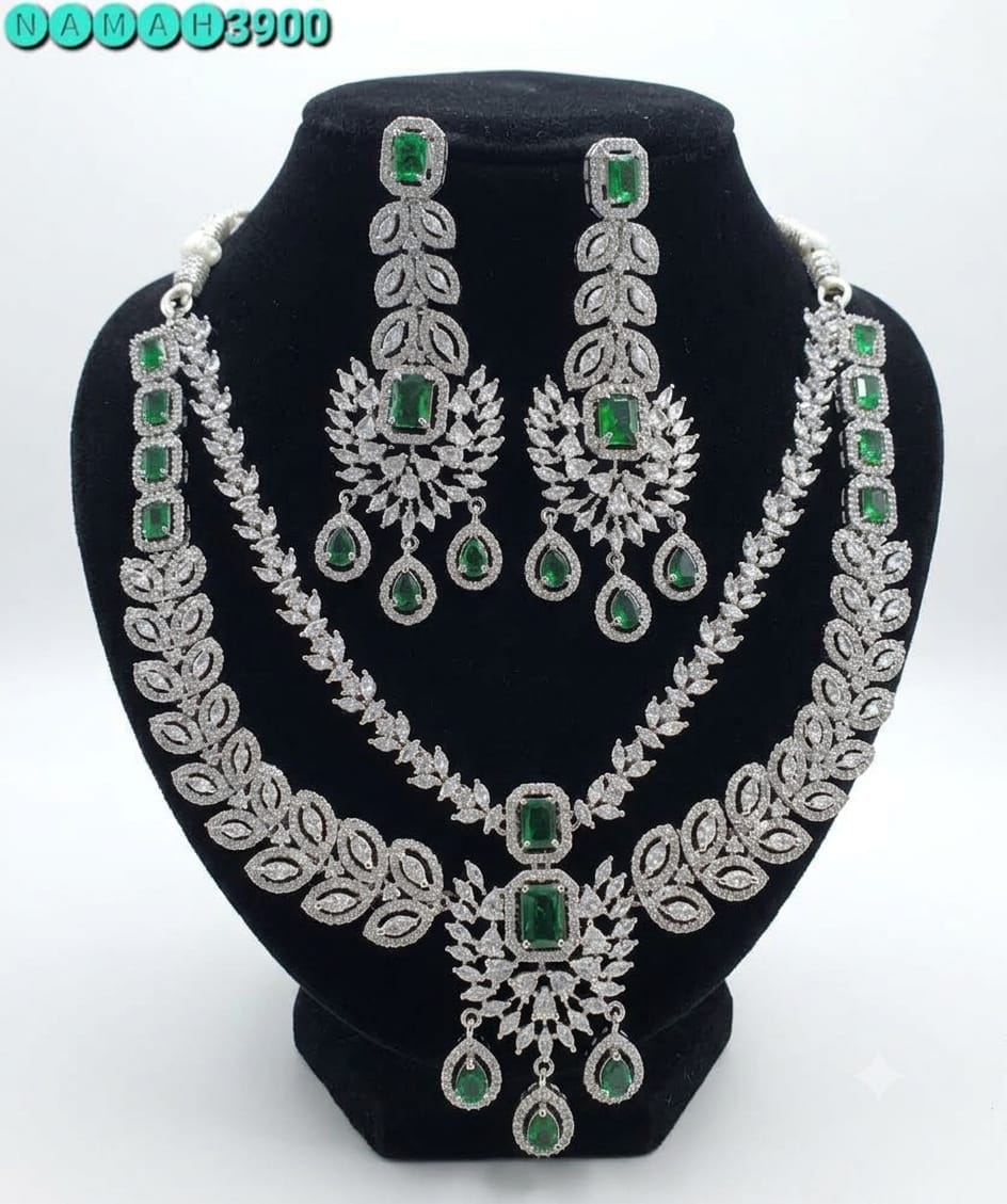 Green American Diamond Necklace Jewellery Set
