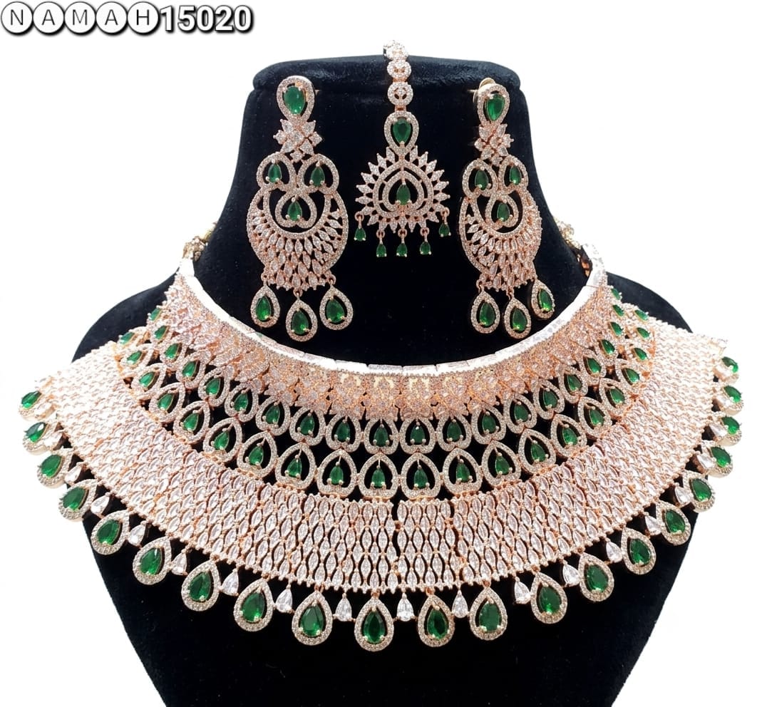 Green Copper American Diamond Necklace Jewellery Set