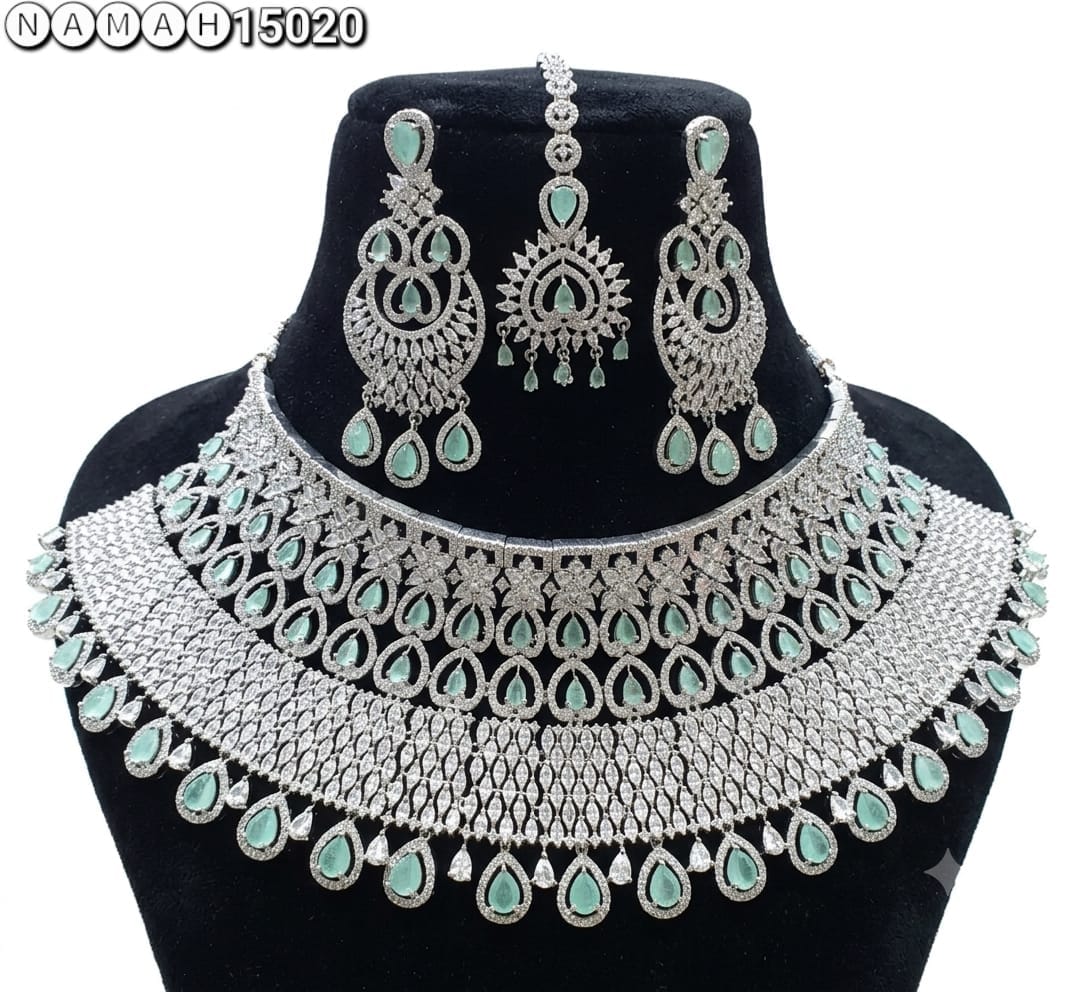 Mint White American Diamond Necklace Jewellery Set