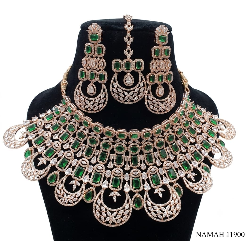 Gold &amp; Green American Diamond Necklace Jewellery Set