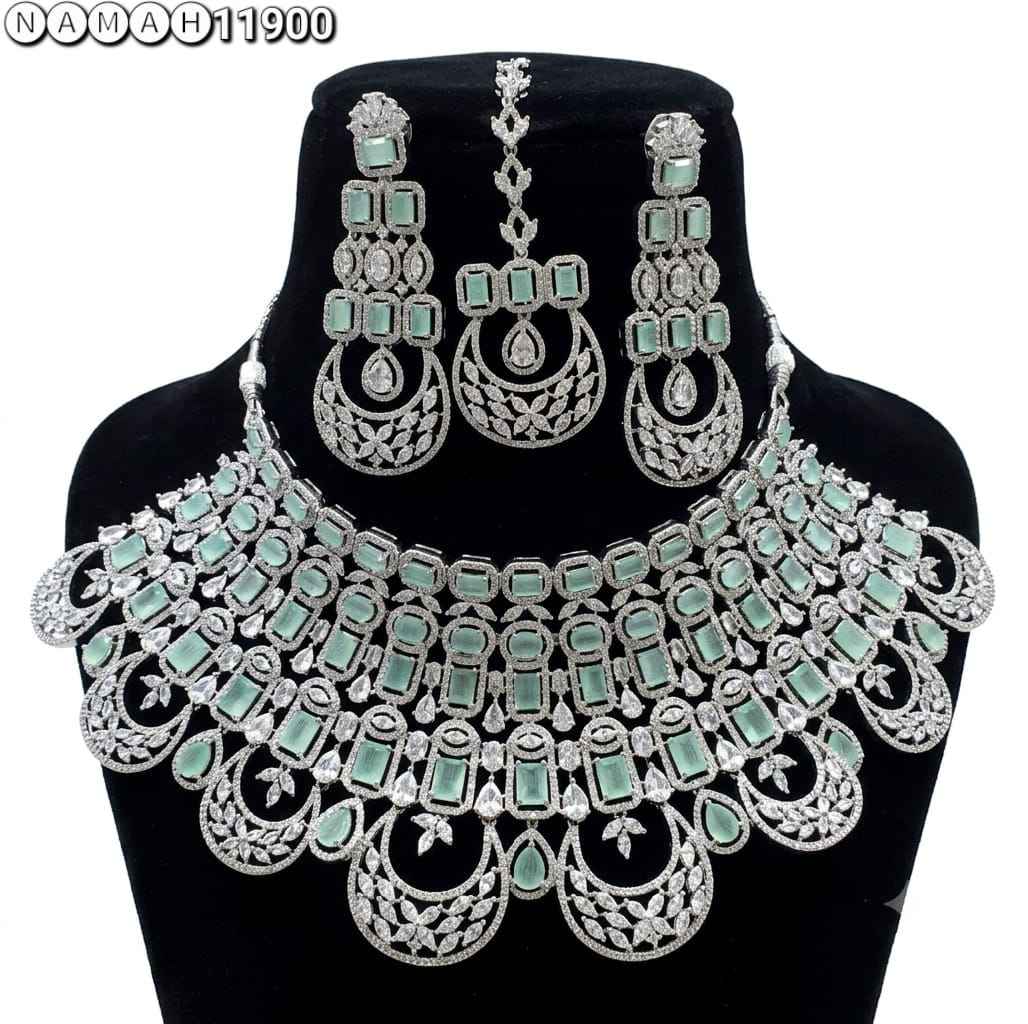 Mint Green American Diamond Necklace Jewellery Set