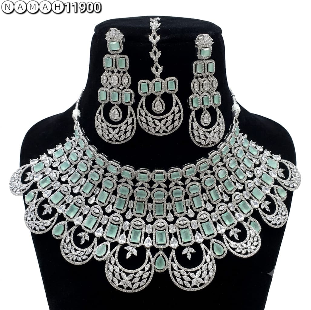 Mint Green American Diamond Necklace Jewellery Set
