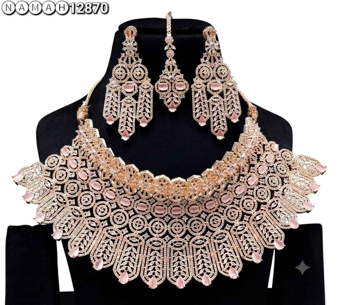 Pink American Diamond Necklace Jewellery Set
