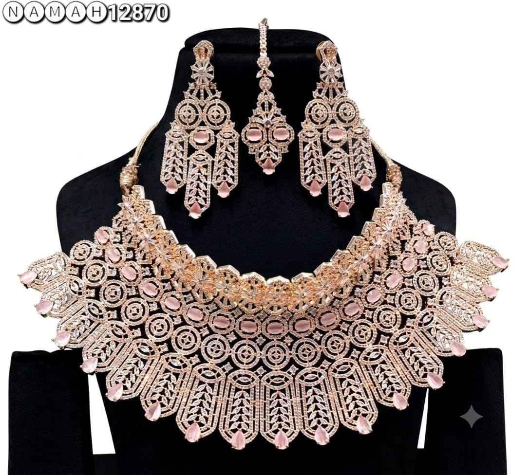 Pink American Diamond Necklace Jewellery Set