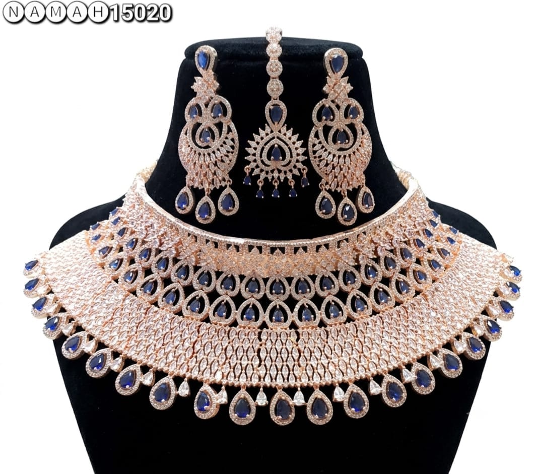 Blue Copper American Diamond Necklace Jewellery Set