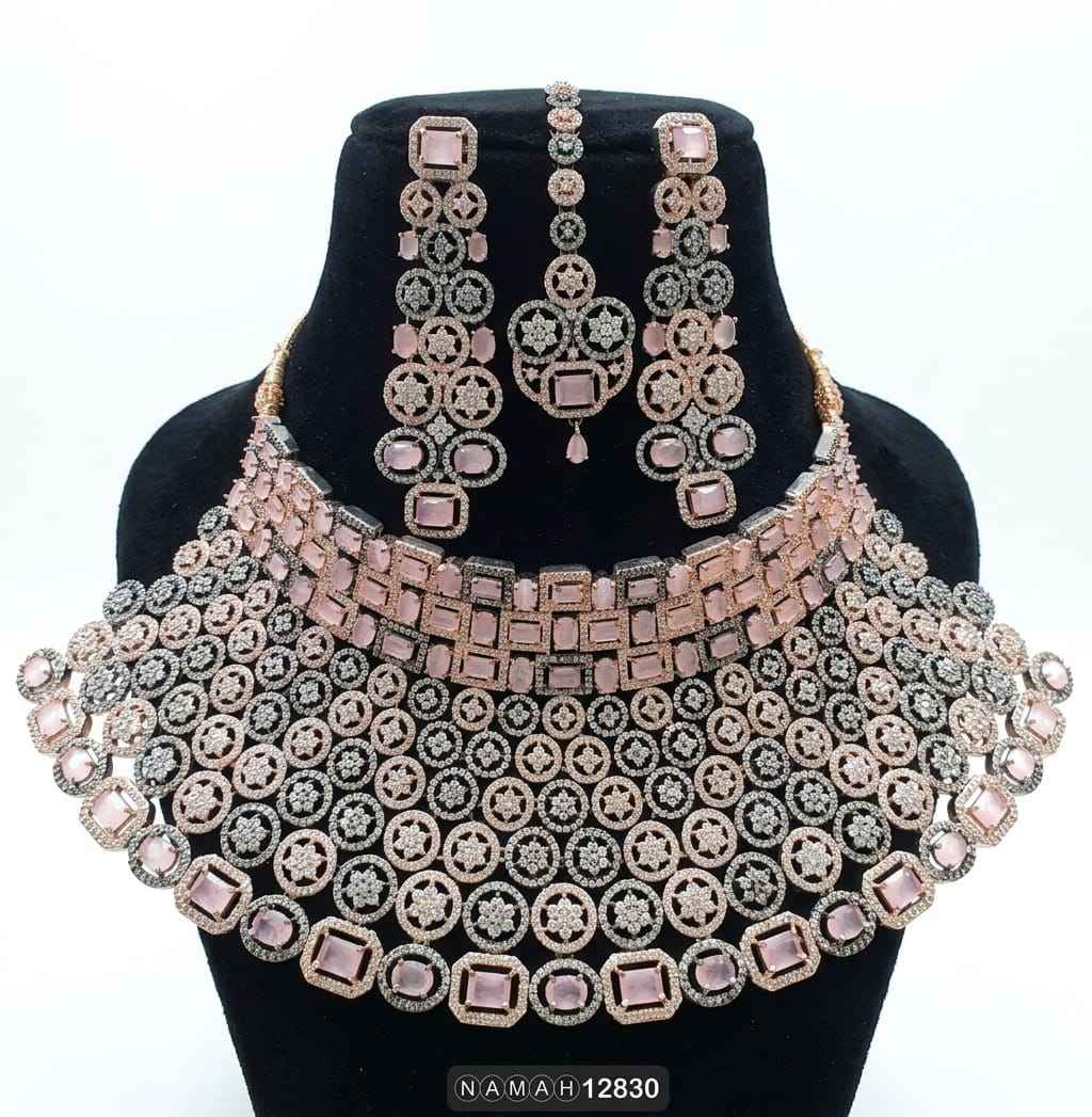 Pink White American Diamond Necklace Jewellery Set