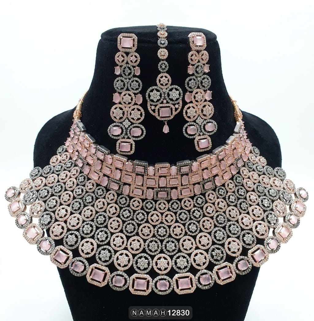 Pink White American Diamond Necklace Jewellery Set