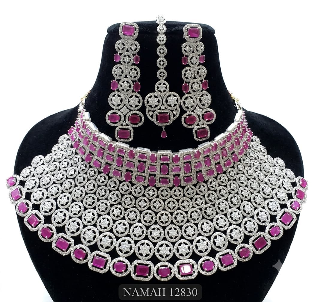 Purple American Diamond Necklace Jewellery Set