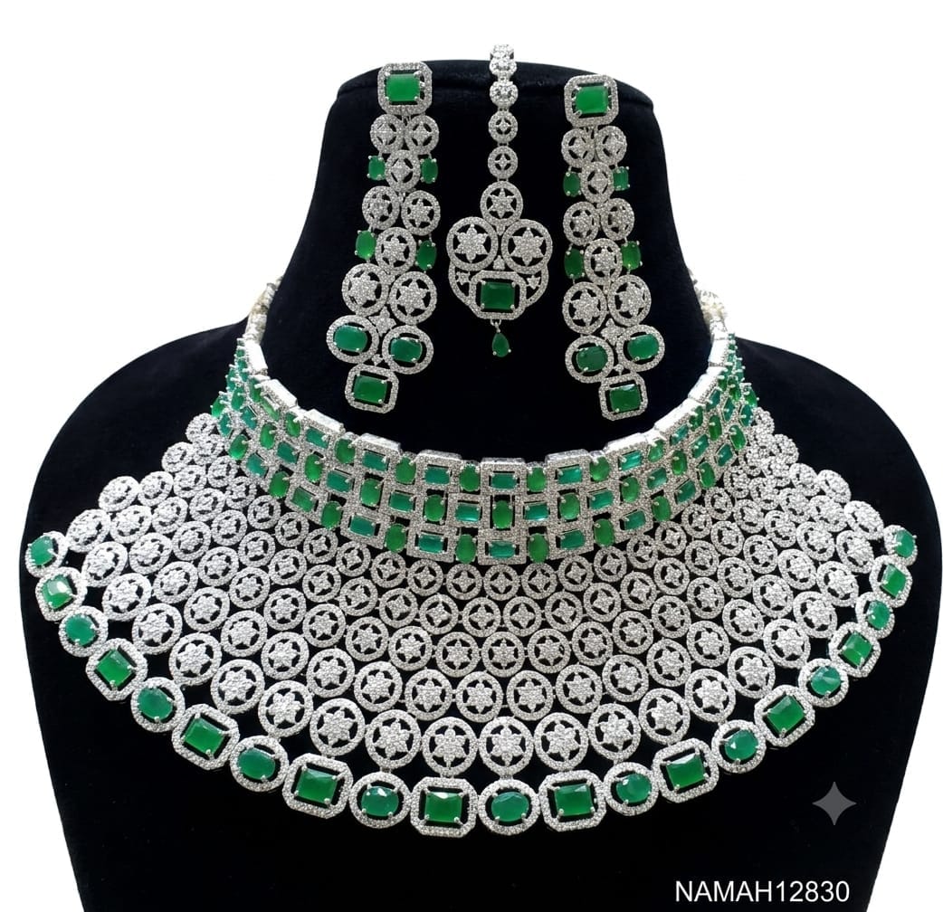 Green American Diamond Necklace Jewellery Set