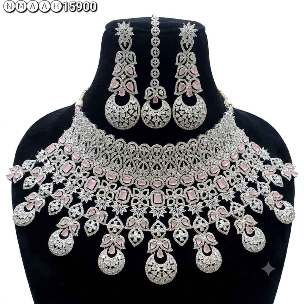 White &amp; Pink American Diamond Necklace Jewellery Set