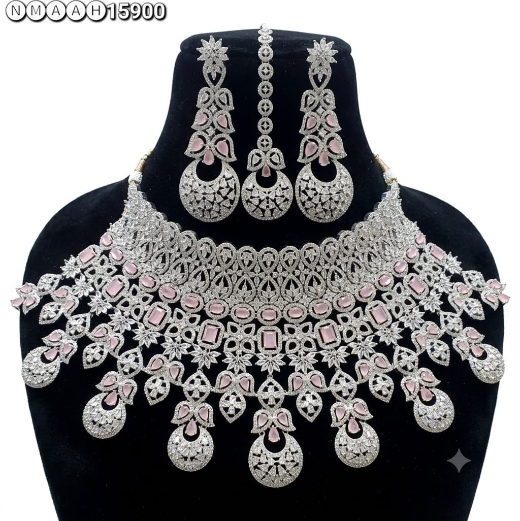 White &amp; Pink American Diamond Necklace Jewellery Set