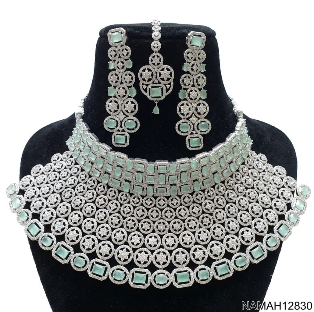 Mint Green American Diamond Necklace Jewellery Set