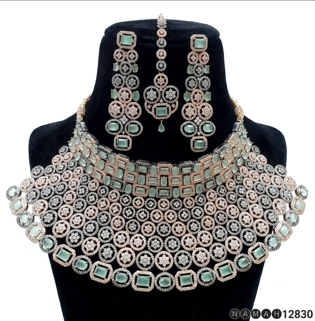 Mint White American Diamond Necklace Jewellery Set