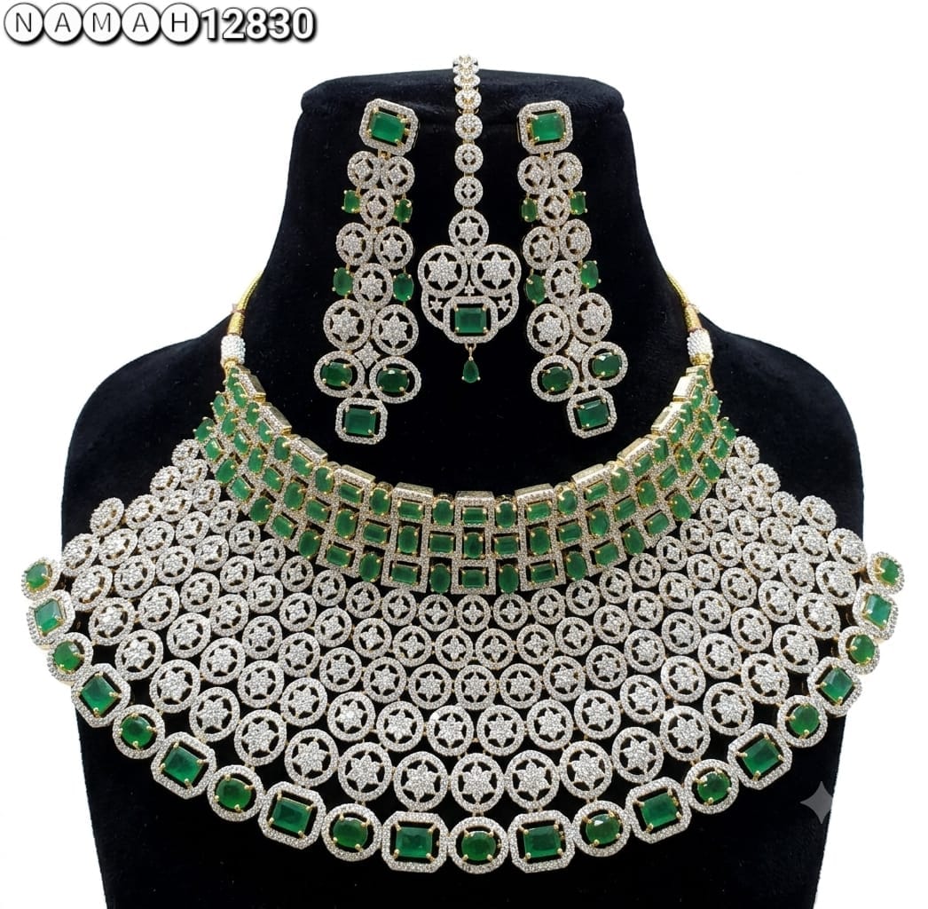 Green American Diamond Necklace Jewellery Set