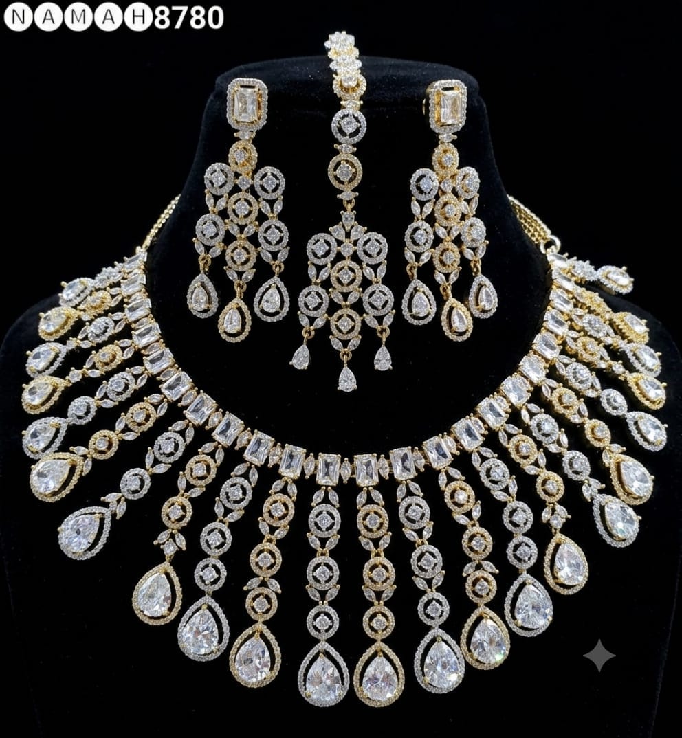 Gold White American Diamond Necklace Jewellery Set
