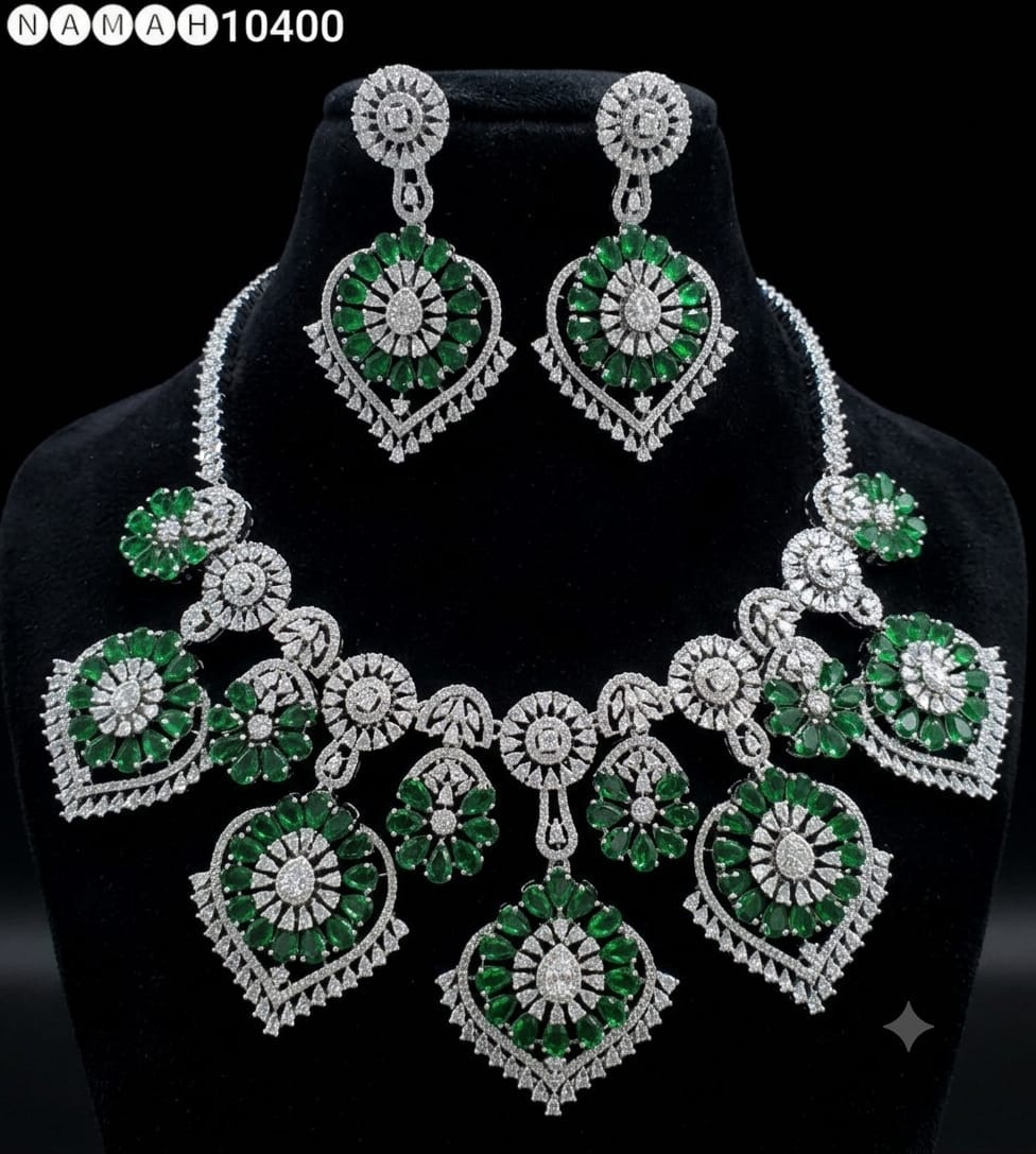 Green American Diamond Necklace Jewellery Set