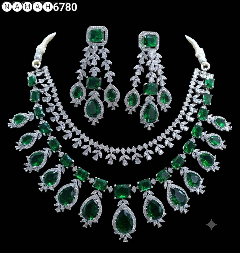 Green American Diamond Necklace Jewellery Set