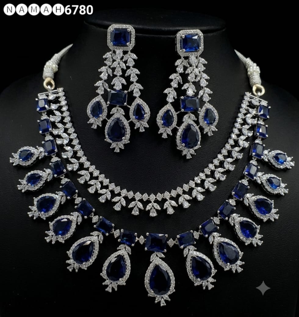 Blue American Diamond Necklace Jewellery Set