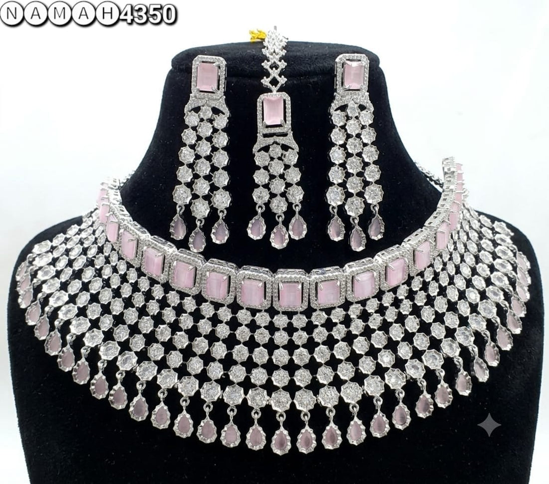 Pink White American Diamond Necklace Jewellery Set