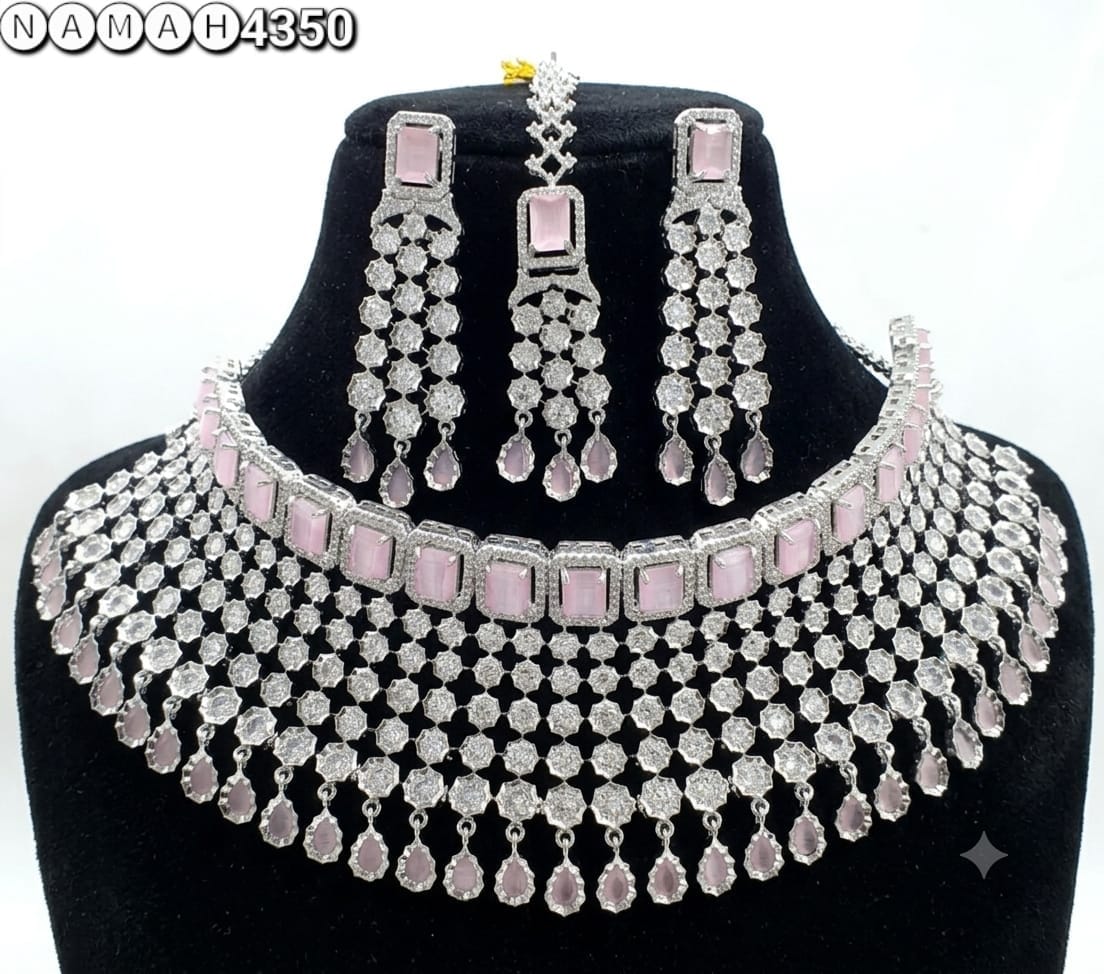 Pink White American Diamond Necklace Jewellery Set