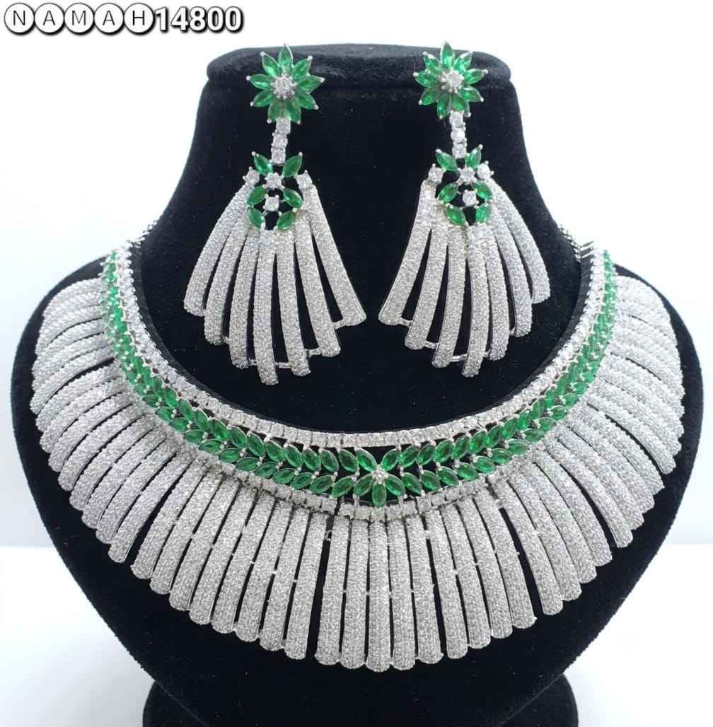 Green White American Diamond Necklace Jewellery Set