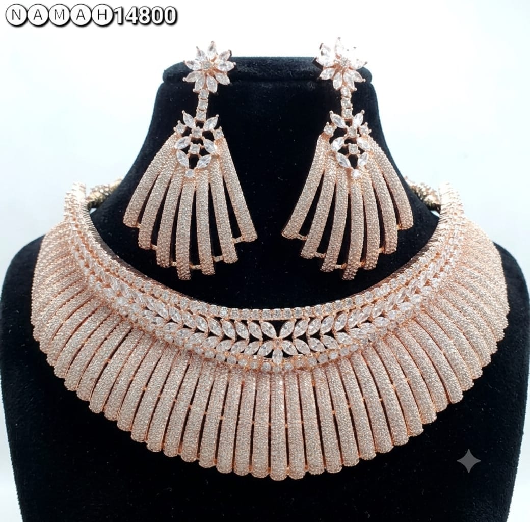 Gold White American Diamond Necklace Jewellery Set