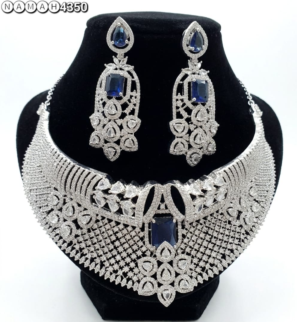 Blue White American Diamond Necklace Jewellery Set